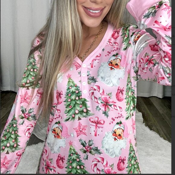 NEW! Shirley & Stone Pink Santas & Candy Canes Pajamas Size XL - Picture 2 of 7